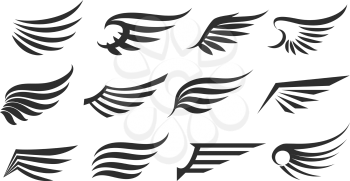 Emblems retro wings. Vintage vector wing icons isolated, angel and eagle winges collection illustration for freedom badges, elegant feathery silhouette symbols graphics