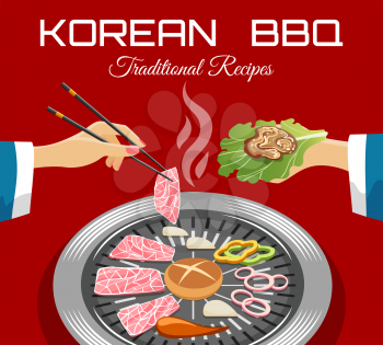 Korean barbeque view. Korea bbq grill self view, hot belly beef food, hot buffet with roaster raw meat, asian pork brazier menu vector illustration