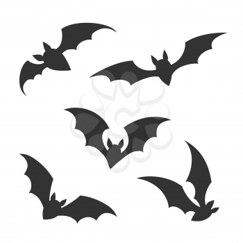 Flying night bats. Halloween horror bat silhouettes in sky, gothic shock scary creatures, swarm flight creepy fear art graphics vector illustration