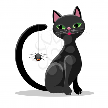 Cat and spider. Black tomcat with big eyes look for spinner, grapnel spiders hanging vector illustration for children images