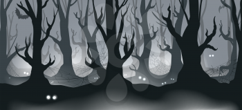 Forest with eyes. Death foresty landscape with scary monster eye lights in dark, horror darkness evil terror animals, night ghosts creatures woods background, spooky nightmare haunting