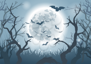 Halloween forest. Halloweens foresty horror background with fog scary trees silhouettes and bats in sky, spooky haunted night nature mystery darkness vector backdrop
