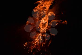 Fire. Burning of rice straw at night.