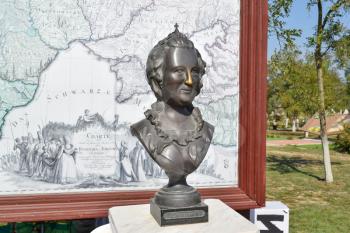 Russia, Ataman - 26 September 2015: Bronze statue of Russian Empress Catherine II. Grated nose for good luck.