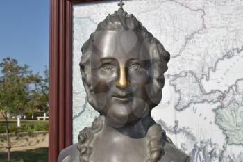 Russia, Ataman - 26 September 2015: Bronze statue of Russian Empress Catherine II. Grated nose for good luck.
