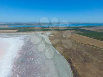 Saline Salt Lake in the Azov Sea coast. Former estuary. View from above. Dry lake. View of the salt lake with a bird's eye view.