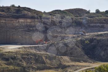 Large quarry for gravel mining, sand and clay. Mining machines and units. Mining.