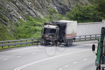 Novorossiysk, Russia - September 6, 2016: Burnt truck on the highway. The car after the fire.