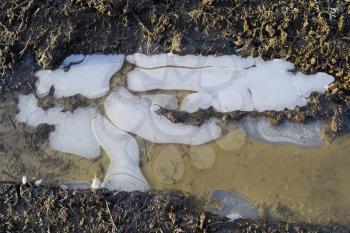 Ice on a muddy puddle on a dirt road.