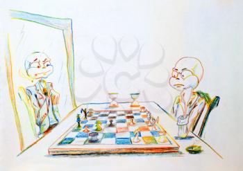 Dystrophic with a big head playing chess with himself in the mirror. loneliness symbol.