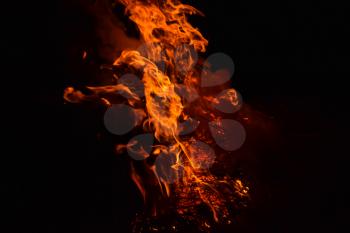 Fire. Burning of rice straw at night.