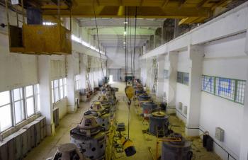 Engines of water pumps at a water pumping station. Pumping irrigation system of rice fields. Room control and maintenance of pump electric motors.