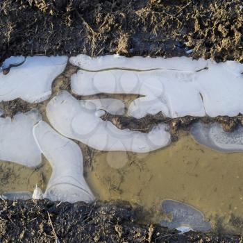 Ice on a muddy puddle on a dirt road.