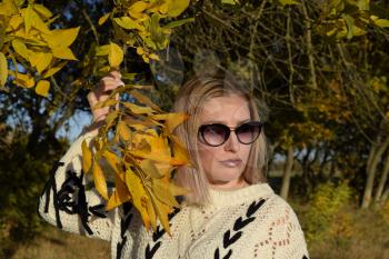 Girl on a background of yellow leaves of autumn trees. Girl in sunglasses. Autumn photo session