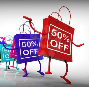 Fifty-Percent Off Bags Shows Sales and 50 Discounts