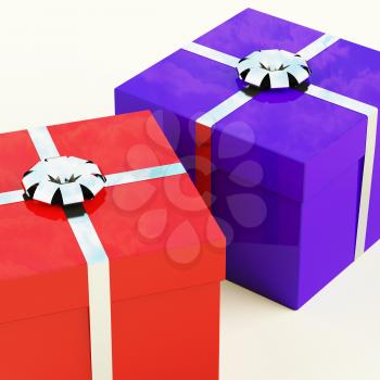 Red And Blue Gift Boxes With Silver Ribbons As Present For Him And Her