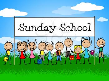 Sunday School Banner Showing Devotee Church And Kids