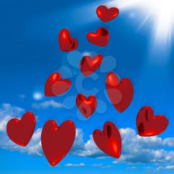 Metallic Red Hearts Falling From The Sky Shows Love And Romance