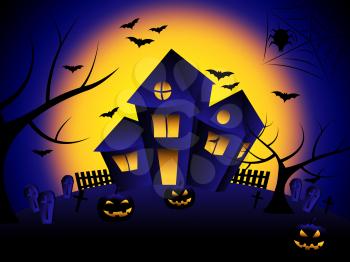 Haunted House Showing Trick Or Treat And Happy Halloween