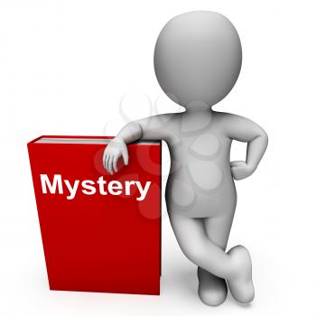 Mystery Book And Character Showing Fiction Genre Or Puzzle To Solve
