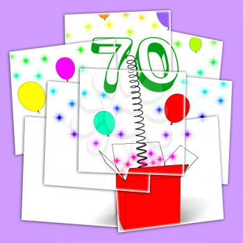 Number Seventy Surprise Box Displaying Sparkling Balloons And Confetti