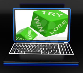 Win, Try, Lose Dices On Laptop Shows Gambling Or Luck