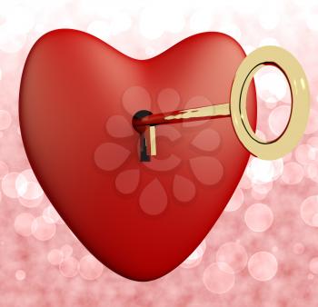 Heart With Key And Pink Bokeh Background Showing Love Romance And Valentine 