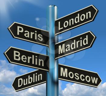 London Paris Madrid Berlin Signpost Shows Europe Travel Tourism And Destinations