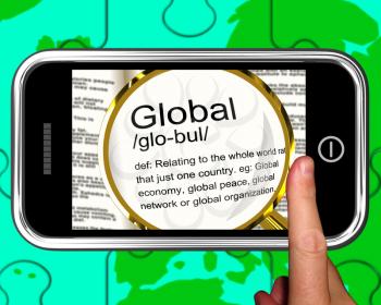 Global Definition On Smartphone Shows Worldwide Connections Or Globalization