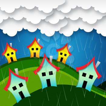 Rainy Houses Showing Habitation Homes And Showers