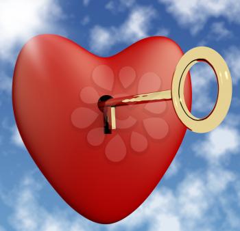 Heart With Key And Sky Background Showing Love Romance And Valentine