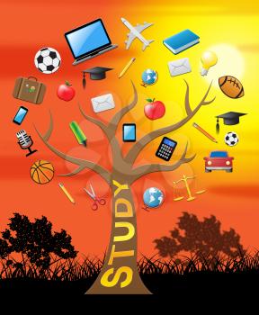 Education Study Tree With Icons Shows College 3d Illustration