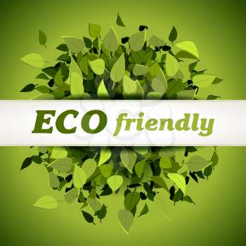 Eco friendly label on green background with leaves, vector illustration