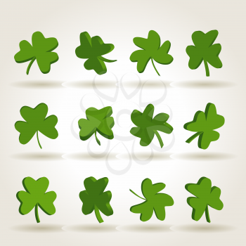 Set of green separated shamrock leaves, symbol of St. Patrick's Day, vector illustration