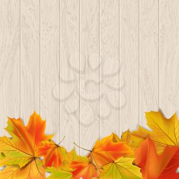 Autumn background with autumn leaves on wooden surface, vector illustration