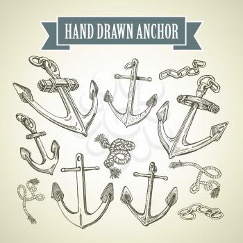Sketch Hand drawn anchor. Set of vector illustrations