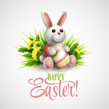 Easter card with bunny, eggs and flowers. Vector illustration EPS10