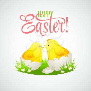 Easter card with chickens and eggs. Vector illustration EPS10