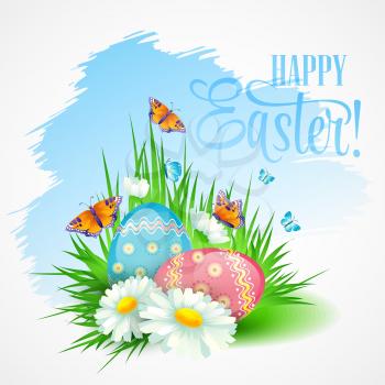 Easter greeting card with daisies and eggs. Vector illustration EPS10