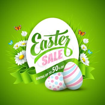 Easter greeting with eggs and flowers. Vector illustration