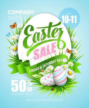 Easter poster with eggs and flowers . Vector illustration