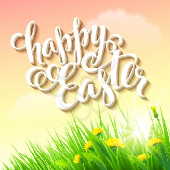 Easter posterwith grass and flowers. Vector illustration