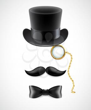 Vintage silhouette of top hat, mustaches, monocle and a bow tie. Vector illustration. EPS 10