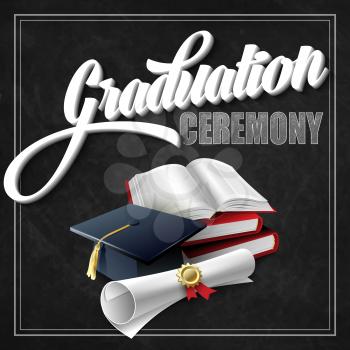 Graduation Ceremony. Book, hat and certificate. Vector illustration EPS 10