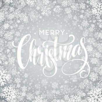 Merry Christmas lettering design with white snowflakes on gray gradient background. Vector illustration EPS10