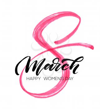 March 8 Happy womans day watercolor lettering greeting card. Vector illustration EPS10