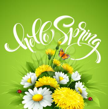 Inscription Hello Spring Hand Lettering on background with flowers. Vector illustration EPS10