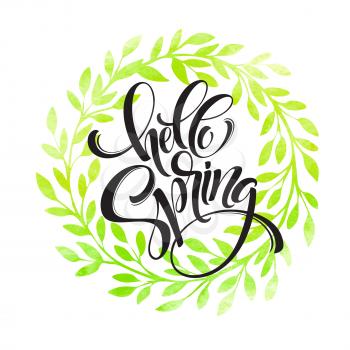 Hello Spring lettering on the watercolor background. Vector illustration EPS10