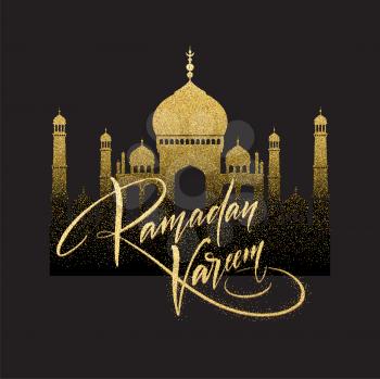 Greeting card with Creative Text Ramadan Kareem made by golden glitter. Vector illustration EPS10