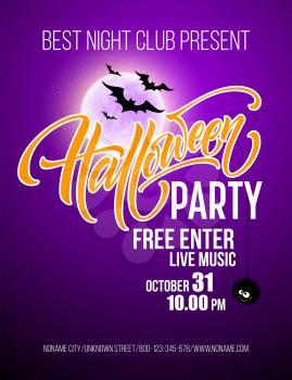 Halloween party poster with flying bats and yellow moon EPS10